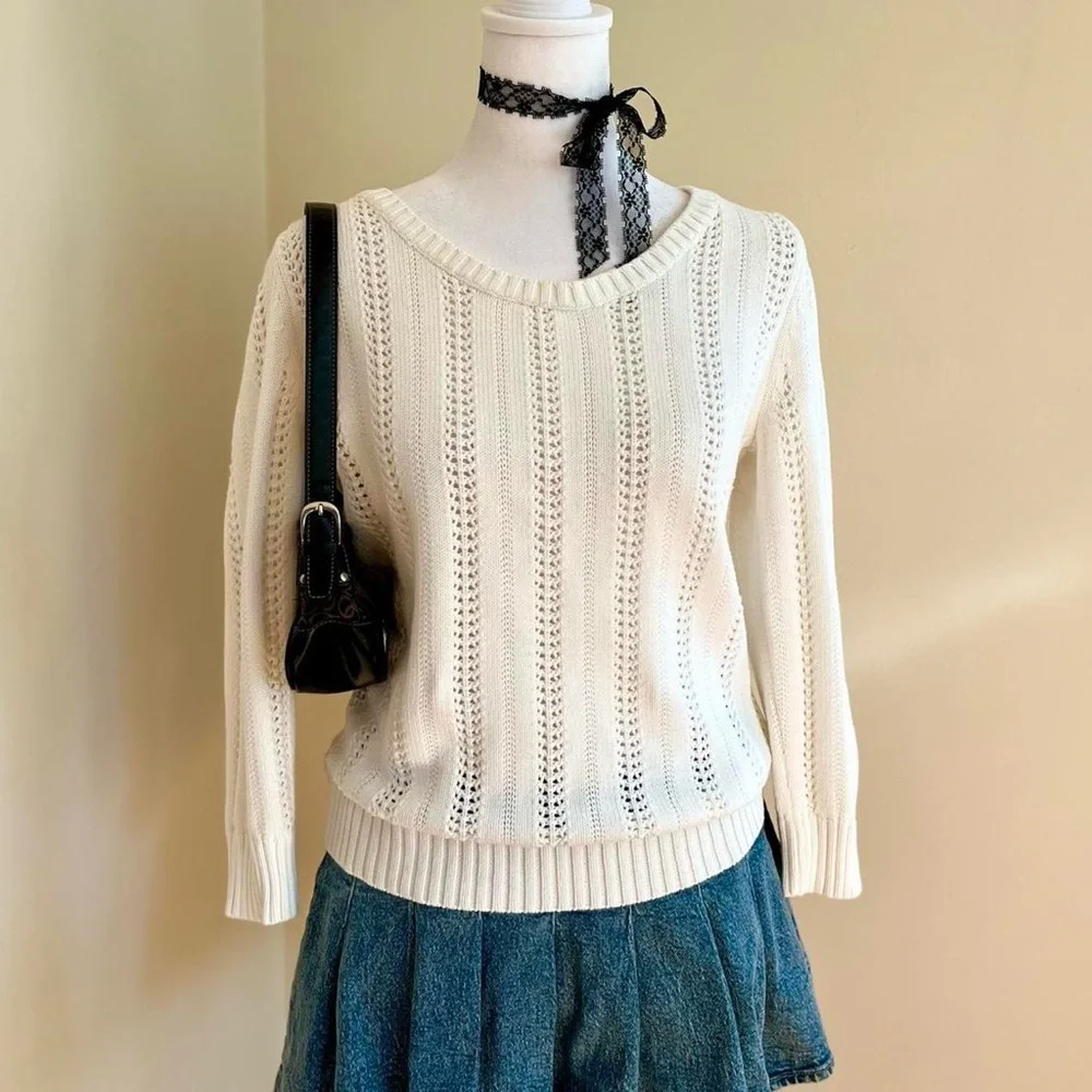 Coquette White Pointelle Crochet Knit Sweater Top Girly Lolita Lace Preppy M - Picture 1 of 10